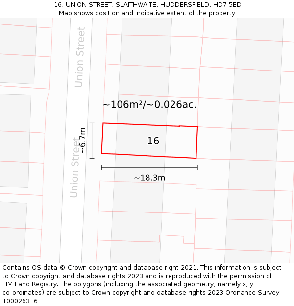 16, UNION STREET, SLAITHWAITE, HUDDERSFIELD, HD7 5ED: Plot and title map