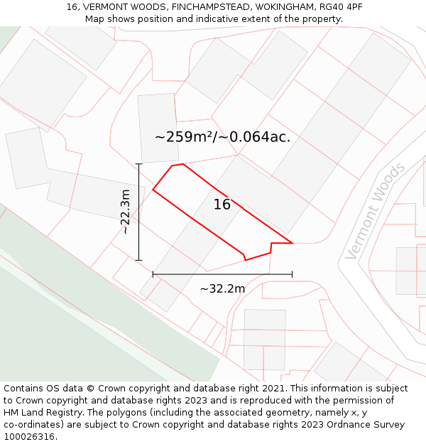 16, VERMONT WOODS, FINCHAMPSTEAD, WOKINGHAM, RG40 4PF: Plot and title map
