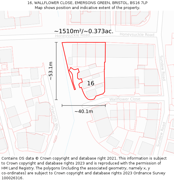 16, WALLFLOWER CLOSE, EMERSONS GREEN, BRISTOL, BS16 7LP: Plot and title map