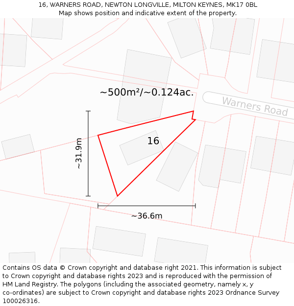 16, WARNERS ROAD, NEWTON LONGVILLE, MILTON KEYNES, MK17 0BL: Plot and title map