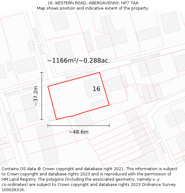 16, WESTERN ROAD, ABERGAVENNY, NP7 7AA: Plot and title map