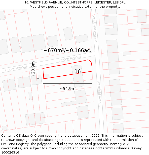 16, WESTFIELD AVENUE, COUNTESTHORPE, LEICESTER, LE8 5PL: Plot and title map