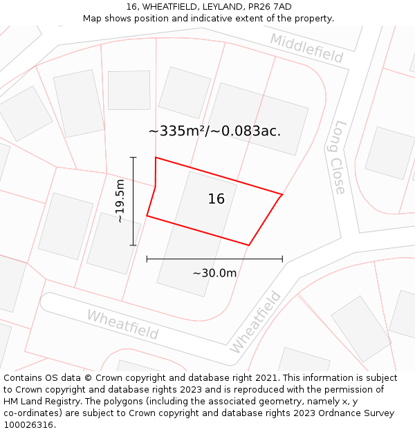 16, WHEATFIELD, LEYLAND, PR26 7AD: Plot and title map