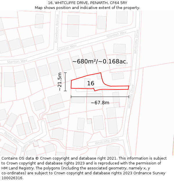 16, WHITCLIFFE DRIVE, PENARTH, CF64 5RY: Plot and title map