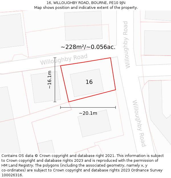 16, WILLOUGHBY ROAD, BOURNE, PE10 9JN: Plot and title map