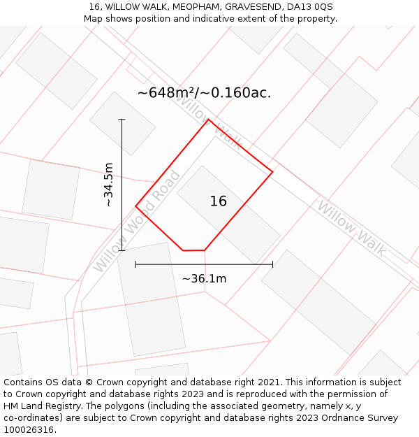 16, WILLOW WALK, MEOPHAM, GRAVESEND, DA13 0QS: Plot and title map