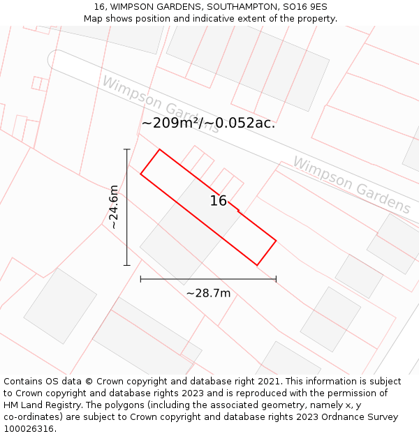 16, WIMPSON GARDENS, SOUTHAMPTON, SO16 9ES: Plot and title map