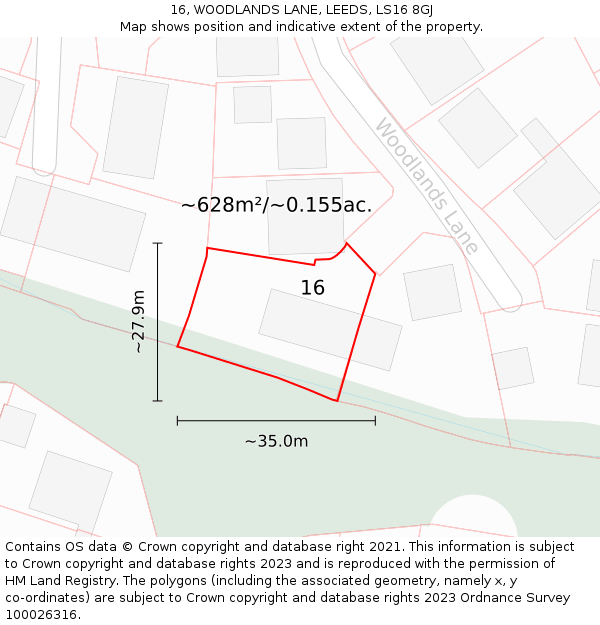 16, WOODLANDS LANE, LEEDS, LS16 8GJ: Plot and title map