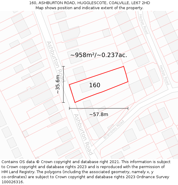 160, ASHBURTON ROAD, HUGGLESCOTE, COALVILLE, LE67 2HD: Plot and title map