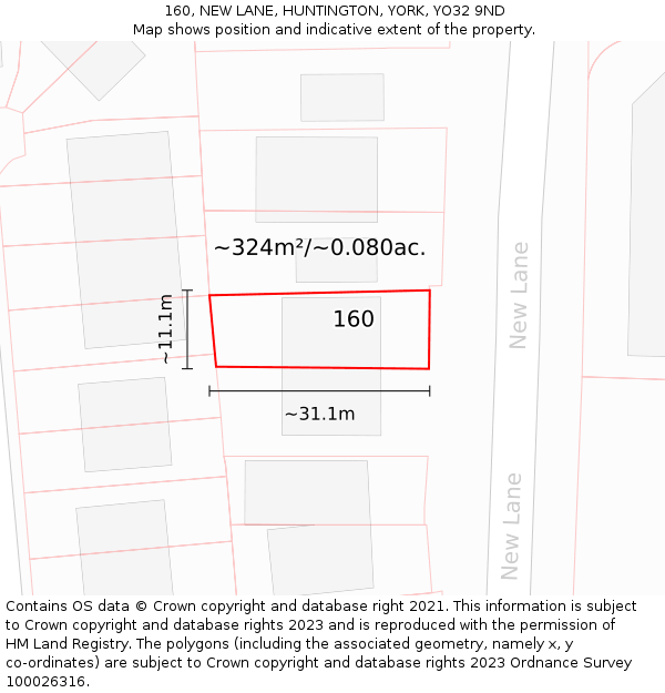 160, NEW LANE, HUNTINGTON, YORK, YO32 9ND: Plot and title map