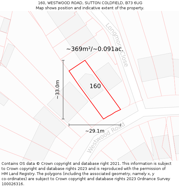 160, WESTWOOD ROAD, SUTTON COLDFIELD, B73 6UG: Plot and title map