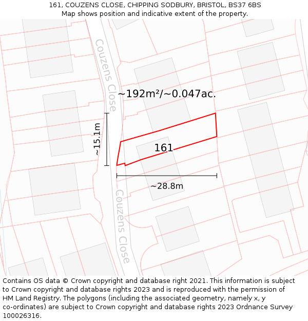 161, COUZENS CLOSE, CHIPPING SODBURY, BRISTOL, BS37 6BS: Plot and title map