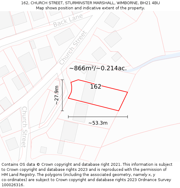 162, CHURCH STREET, STURMINSTER MARSHALL, WIMBORNE, BH21 4BU: Plot and title map