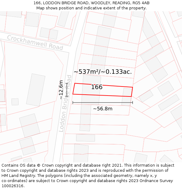 166, LODDON BRIDGE ROAD, WOODLEY, READING, RG5 4AB: Plot and title map