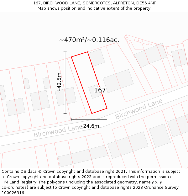 167, BIRCHWOOD LANE, SOMERCOTES, ALFRETON, DE55 4NF: Plot and title map