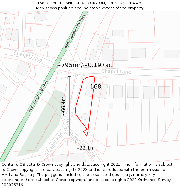 168, CHAPEL LANE, NEW LONGTON, PRESTON, PR4 4AE: Plot and title map