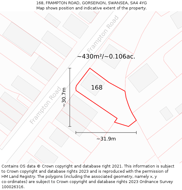 168, FRAMPTON ROAD, GORSEINON, SWANSEA, SA4 4YG: Plot and title map