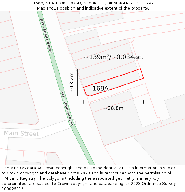 168A, STRATFORD ROAD, SPARKHILL, BIRMINGHAM, B11 1AG: Plot and title map