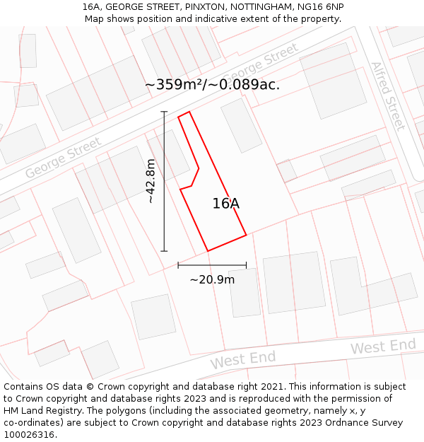 16A, GEORGE STREET, PINXTON, NOTTINGHAM, NG16 6NP: Plot and title map