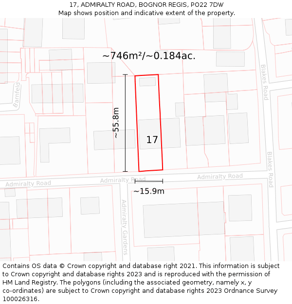 17, ADMIRALTY ROAD, BOGNOR REGIS, PO22 7DW: Plot and title map