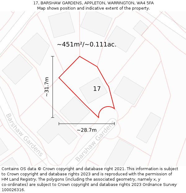 17, BARSHAW GARDENS, APPLETON, WARRINGTON, WA4 5FA: Plot and title map