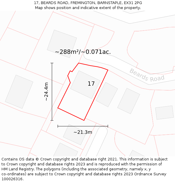 17, BEARDS ROAD, FREMINGTON, BARNSTAPLE, EX31 2PG: Plot and title map