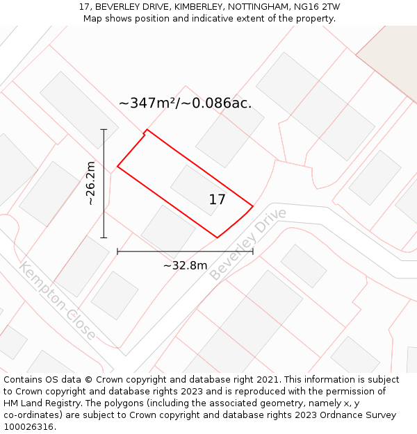 17, BEVERLEY DRIVE, KIMBERLEY, NOTTINGHAM, NG16 2TW: Plot and title map