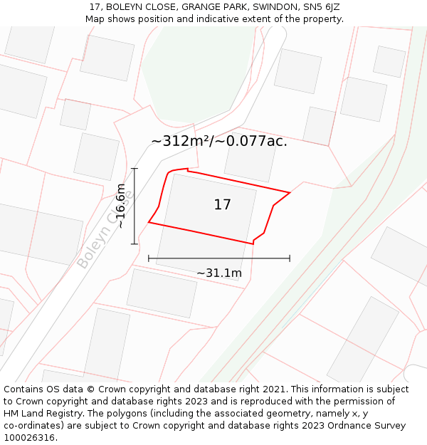 17, BOLEYN CLOSE, GRANGE PARK, SWINDON, SN5 6JZ: Plot and title map