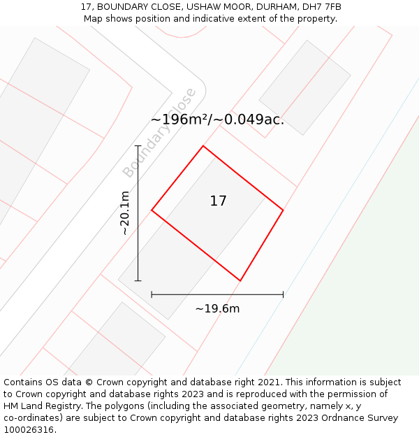 17, BOUNDARY CLOSE, USHAW MOOR, DURHAM, DH7 7FB: Plot and title map