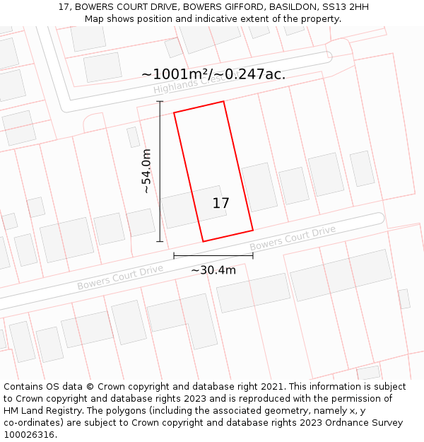 17, BOWERS COURT DRIVE, BOWERS GIFFORD, BASILDON, SS13 2HH: Plot and title map