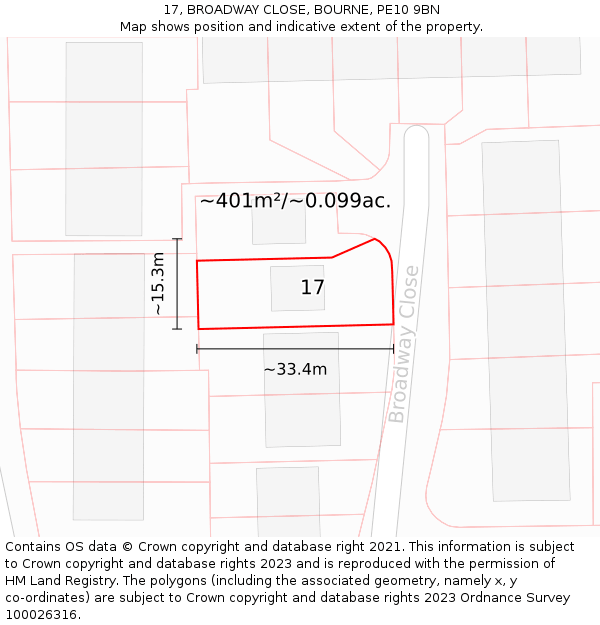 17, BROADWAY CLOSE, BOURNE, PE10 9BN: Plot and title map