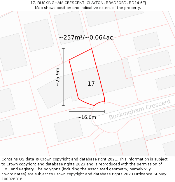 17, BUCKINGHAM CRESCENT, CLAYTON, BRADFORD, BD14 6EJ: Plot and title map