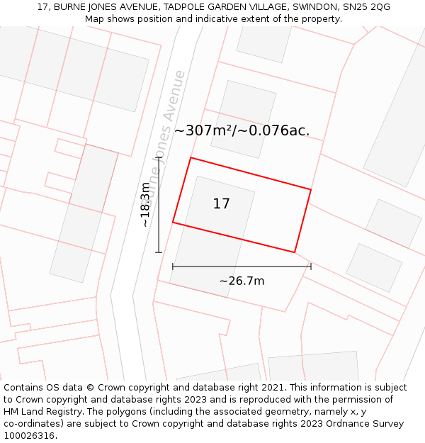 17, BURNE JONES AVENUE, TADPOLE GARDEN VILLAGE, SWINDON, SN25 2QG: Plot and title map