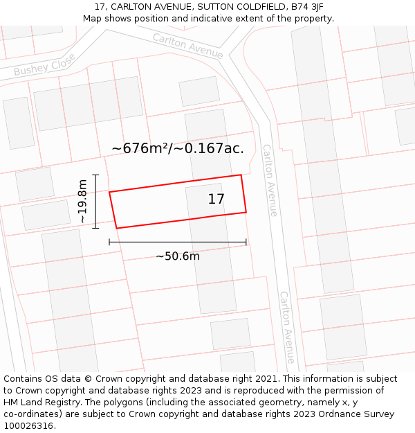 17, CARLTON AVENUE, SUTTON COLDFIELD, B74 3JF: Plot and title map