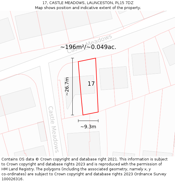 17, CASTLE MEADOWS, LAUNCESTON, PL15 7DZ: Plot and title map