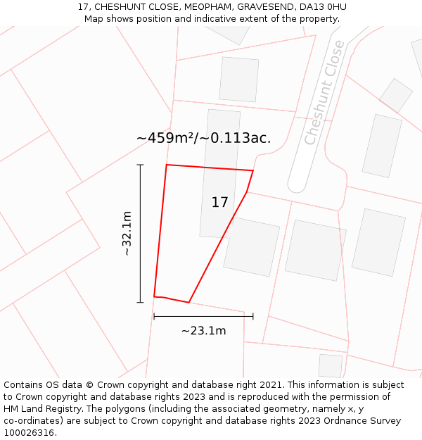 17, CHESHUNT CLOSE, MEOPHAM, GRAVESEND, DA13 0HU: Plot and title map