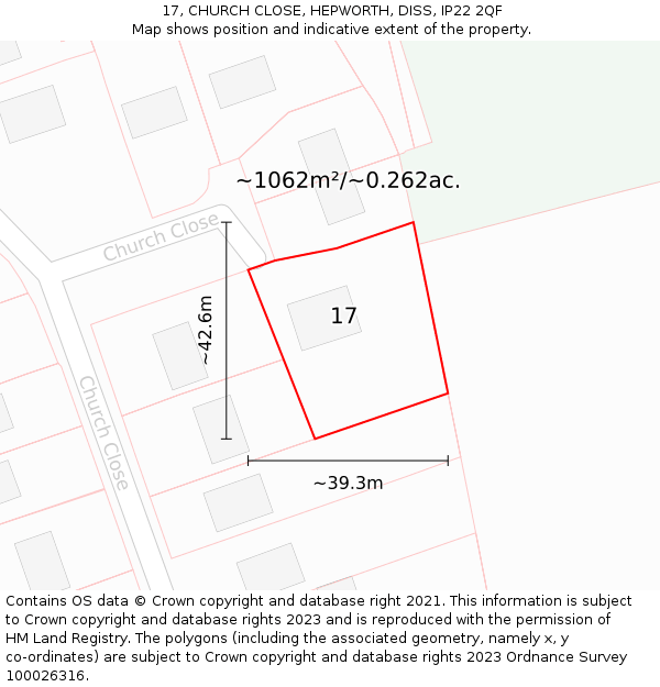 17, CHURCH CLOSE, HEPWORTH, DISS, IP22 2QF: Plot and title map