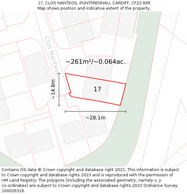 17, CLOS NANTEOS, PONTPRENNAU, CARDIFF, CF23 8XR: Plot and title map