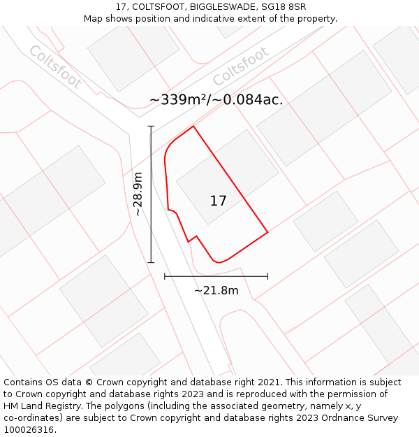 17, COLTSFOOT, BIGGLESWADE, SG18 8SR: Plot and title map