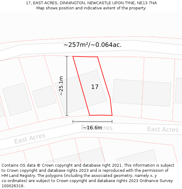 17, EAST ACRES, DINNINGTON, NEWCASTLE UPON TYNE, NE13 7NA: Plot and title map