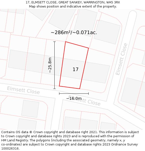 17, ELMSETT CLOSE, GREAT SANKEY, WARRINGTON, WA5 3RX: Plot and title map