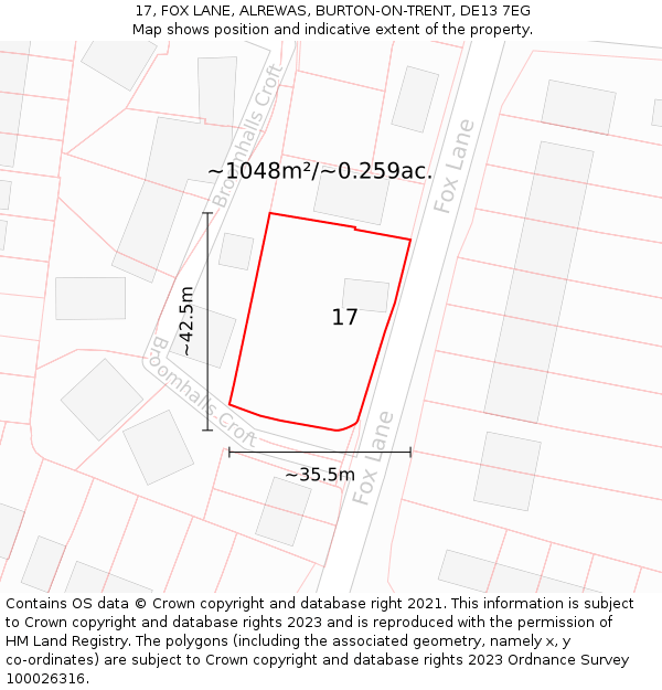 17, FOX LANE, ALREWAS, BURTON-ON-TRENT, DE13 7EG: Plot and title map