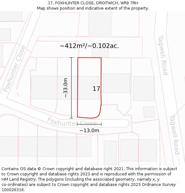 17, FOXHUNTER CLOSE, DROITWICH, WR9 7RH: Plot and title map