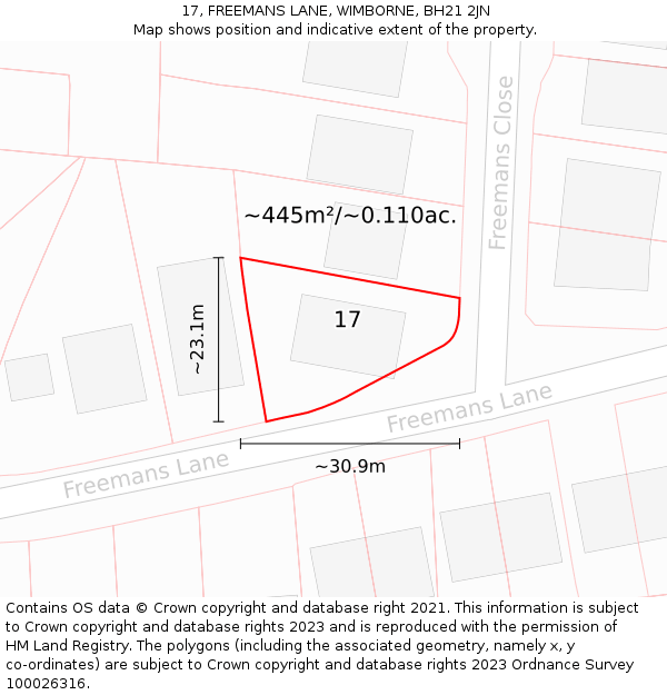 17, FREEMANS LANE, WIMBORNE, BH21 2JN: Plot and title map