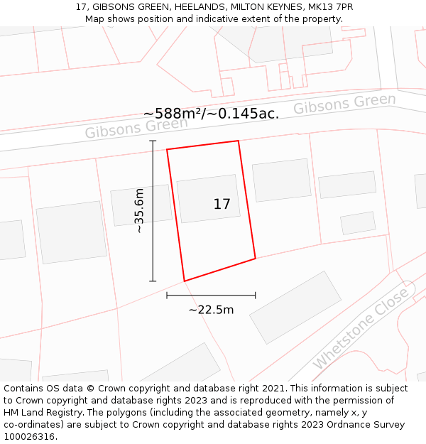 17, GIBSONS GREEN, HEELANDS, MILTON KEYNES, MK13 7PR: Plot and title map