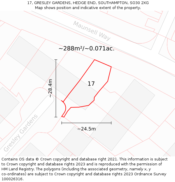 17, GRESLEY GARDENS, HEDGE END, SOUTHAMPTON, SO30 2XG: Plot and title map