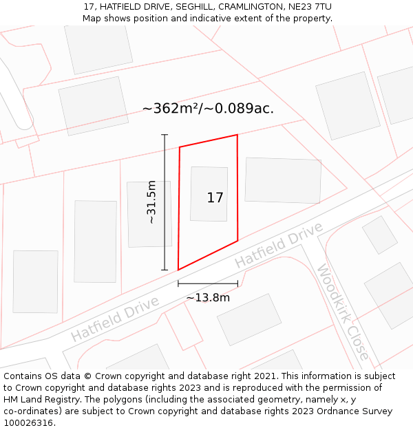 17, HATFIELD DRIVE, SEGHILL, CRAMLINGTON, NE23 7TU: Plot and title map