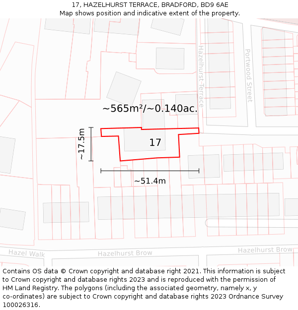 17, HAZELHURST TERRACE, BRADFORD, BD9 6AE: Plot and title map