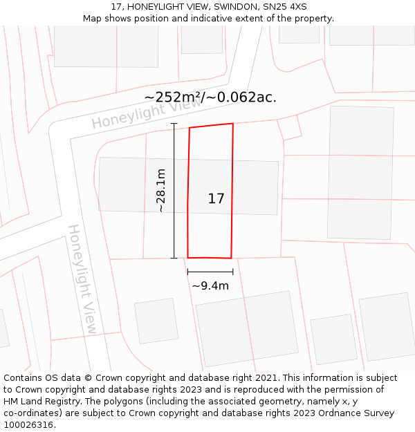 17, HONEYLIGHT VIEW, SWINDON, SN25 4XS: Plot and title map