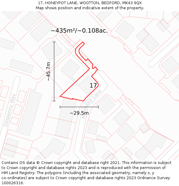 17, HONEYPOT LANE, WOOTTON, BEDFORD, MK43 9QX: Plot and title map